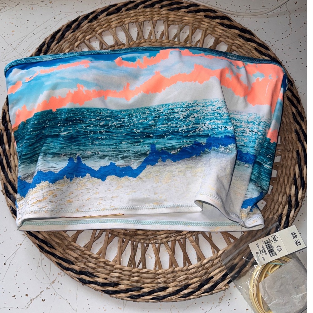 Aerie Real Good Bandeau Bikini Top Small NWT Beach Print UPF 50 Blue Coral